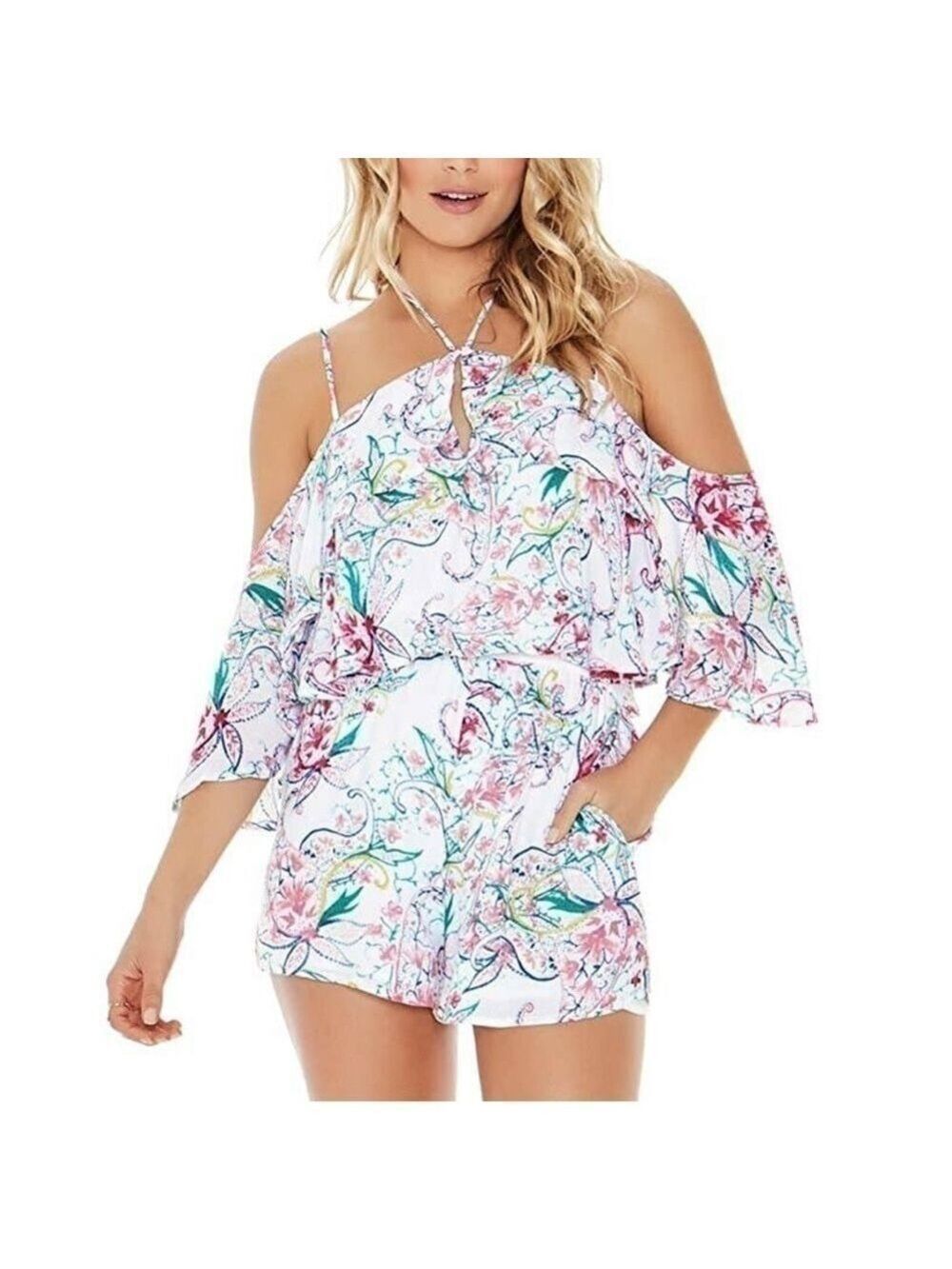 L* SPACE Seaside Halter Romper White Floral medium